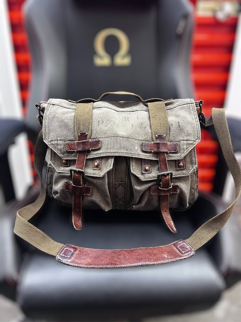 Vintage Polo Ralph Lauren MIL-J-4883A Military Messenger Bag Canvas Leather Gree